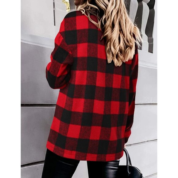 Women Plaid Red Collared V Neck Button Down Oversized Long Sleeve Shirt Top - Picture 2 of 4
